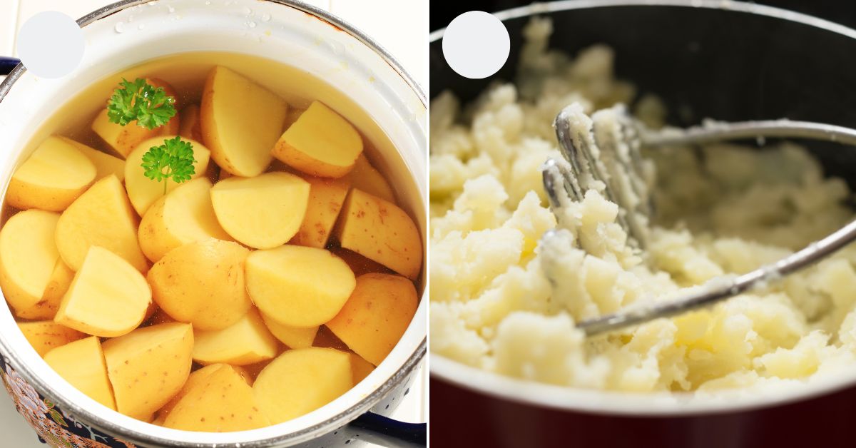 Cooked potatoes and mashed potatoes.