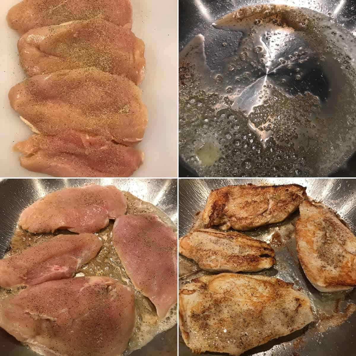 Four-step process of pan-searing meat in a sweet spicy sauce.
