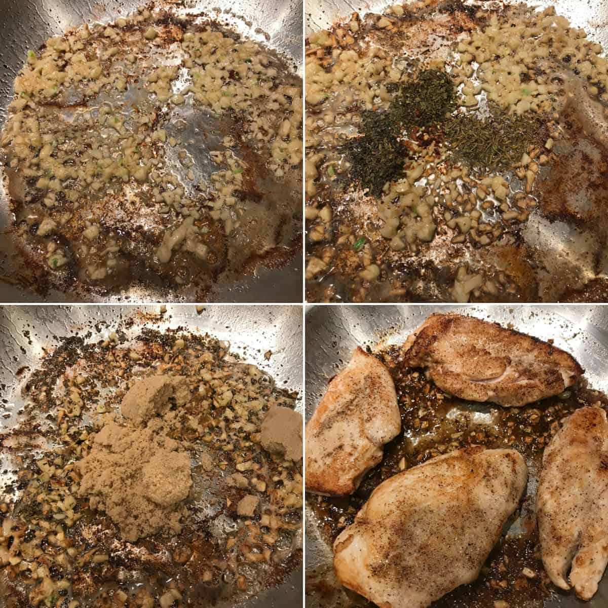 Four stages of cooking in a pan: sautéed garlic and onion, added dried herbs, stirred in brown sugar.