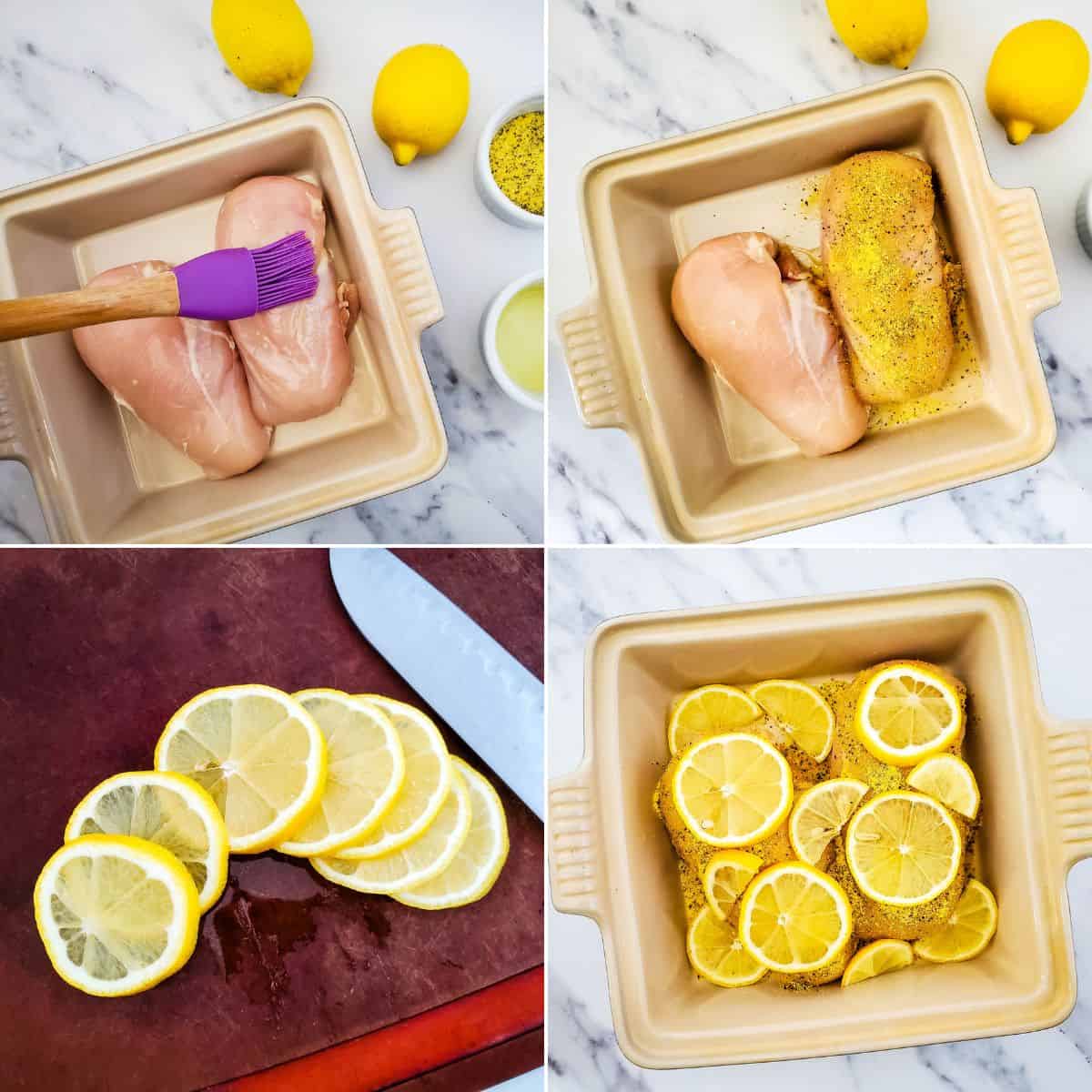 Four-step collage showing Baked Lemon Pepper Chicken: raw chicken breasts brushed with oil, seasoned, topped with lemon slices, then placed in a baking dish with lemons and spices on a marble counter.