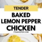 Plate with Baked Lemon Pepper Chicken breasts, garnished with lemon slices and black pepper, served on a white plate beside a yellow and white towel.
