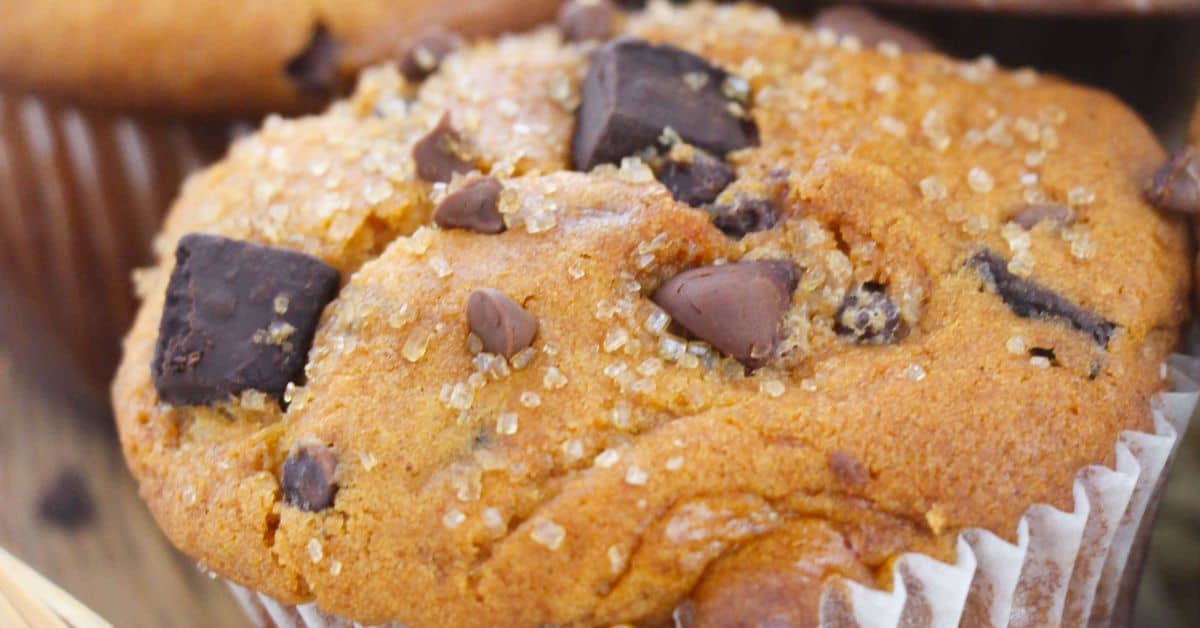 Close-up of a bakery style chocolate chip muffin with coarse sugar crystals on top, baked in a white paper liner.