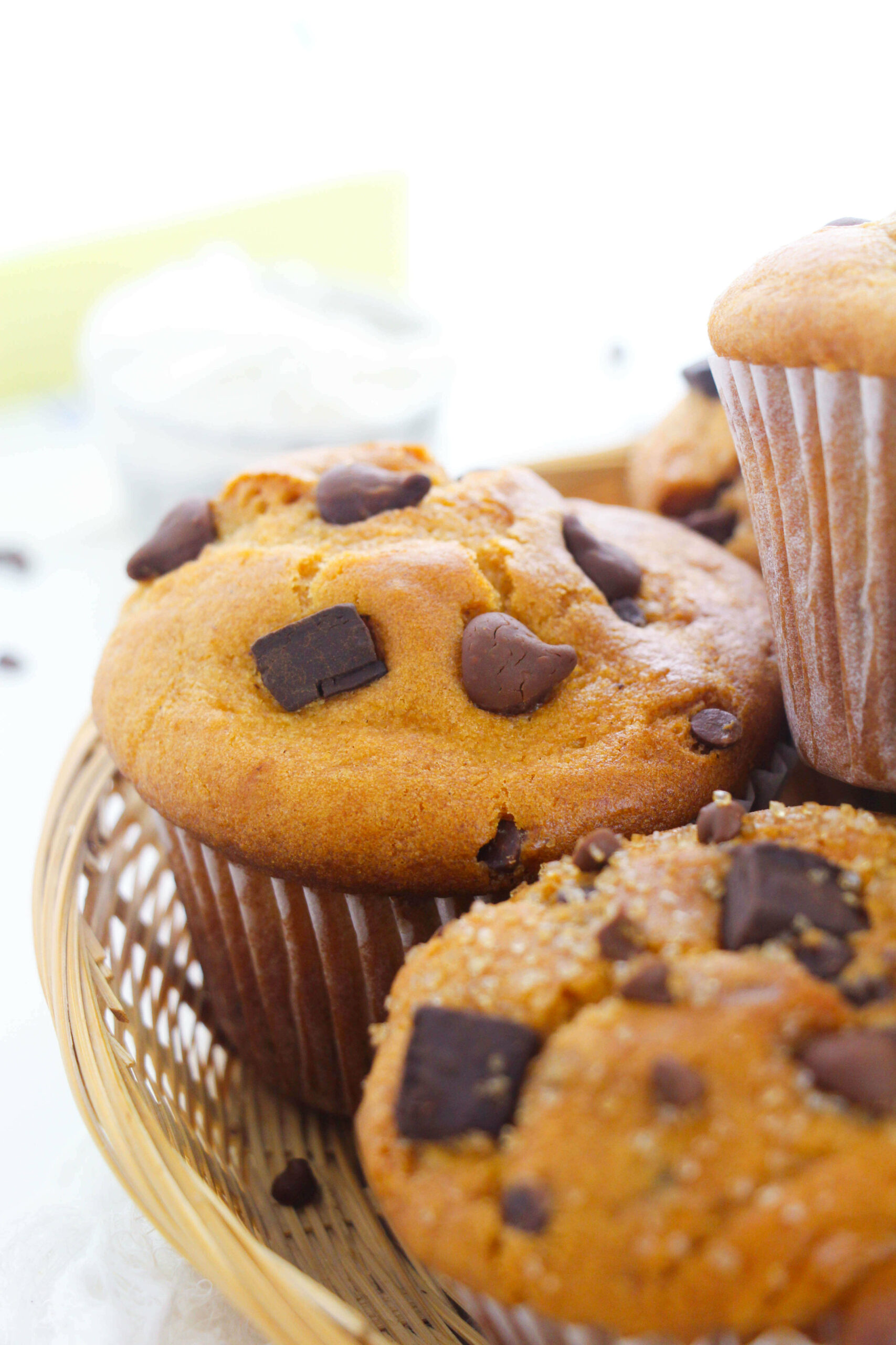 A side view of the jumbo chocolate chip muffins.