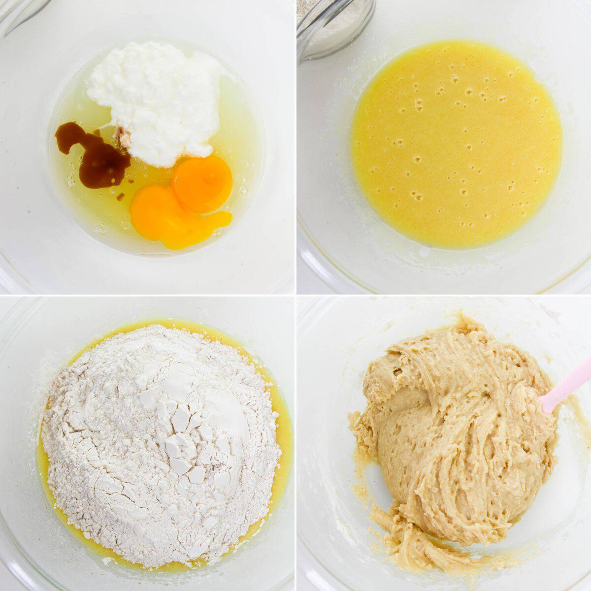A step-by-step collage shows Bakery Style Chocolate Chip Muffins batter being made: wet ingredients in a bowl, whisked mixture, flour added, and finished dough mixed with a spatula.