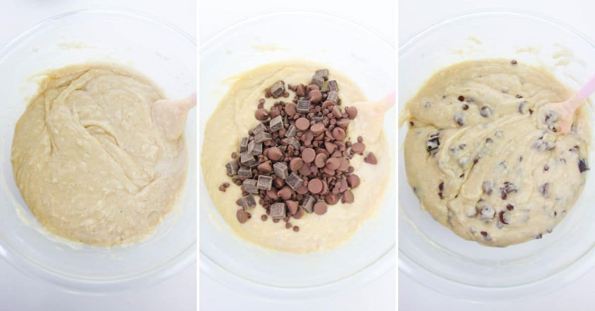 Three side-by-side bowls show banana bread batter: plain, with chocolate chips and chunks added, and fully mixed with chocolate chips—reminiscent of Bakery Style Chocolate Chip Muffins in the making.