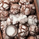 A top shot of the chocolate brownie crinkle cookies.