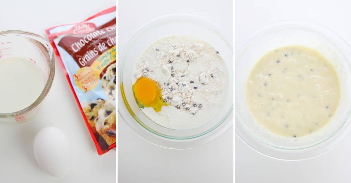Three-panel image showing: milk, an egg, cookie mix, and Cake Mix Pancakes ingredients; then everything mixed in a bowl; finally, a well-blended batter with chocolate chips in a glass bowl.