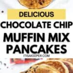 A plate with several golden brown chocolate chip pancakes made from cake mix or muffin mix, displayed on a white surface. Text overlay reads: "Delicious Chocolate Chip Cake Mix Pancakes.