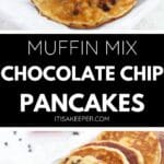Plate of golden-brown Cake Mix Pancakes, made from muffin mix with chocolate chips, stacked high and displayed on a white dish.
