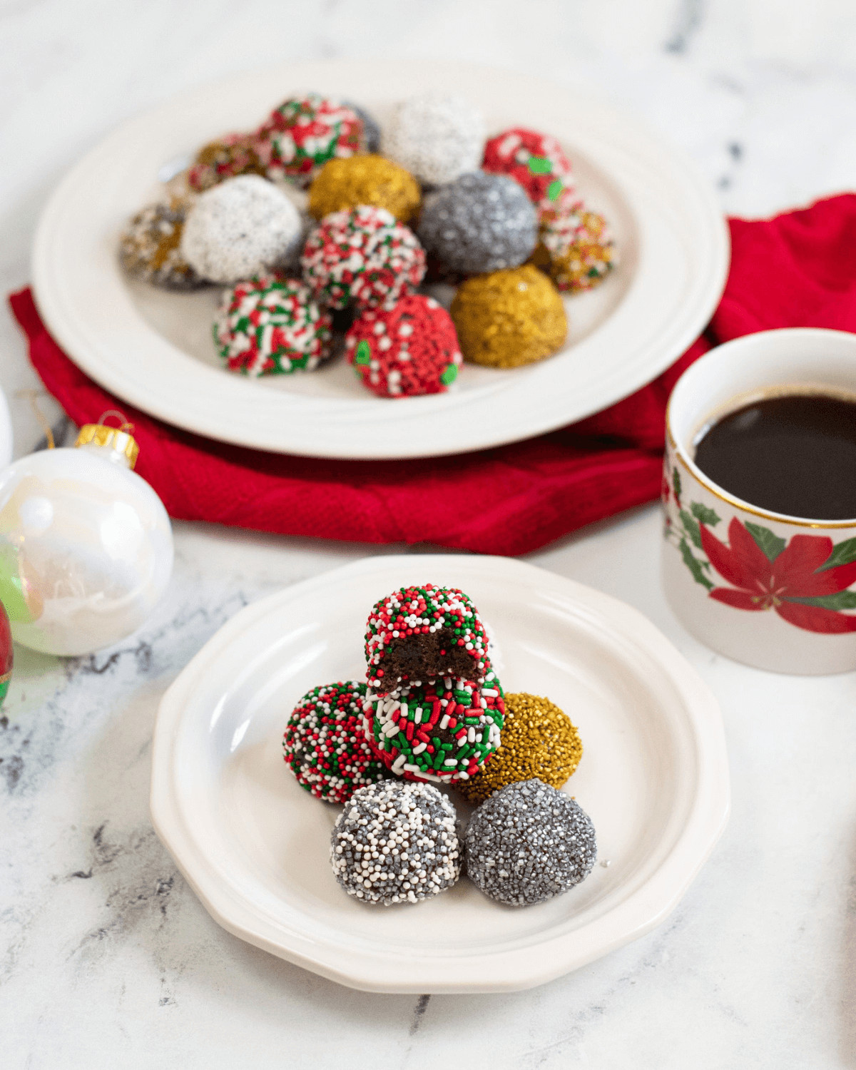 A platter and a serving of the Christmas brownie balls.