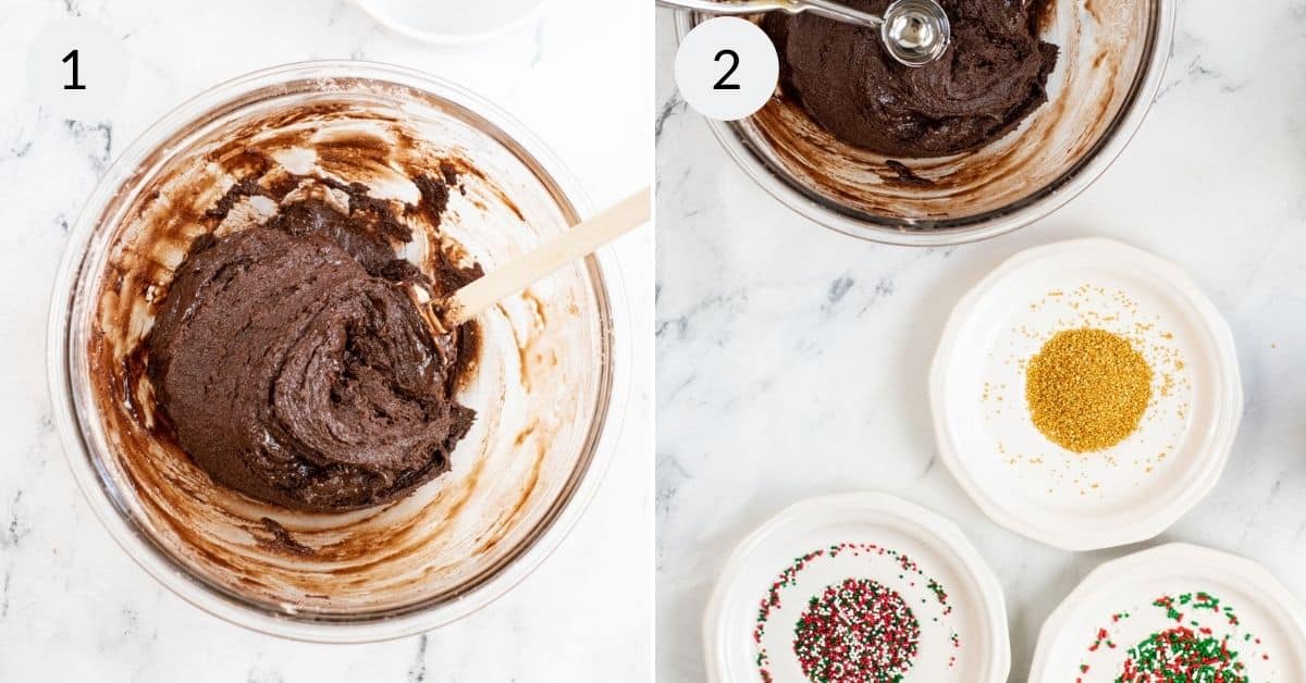 Rolling the brownies into balls and placing them in sprinkles.