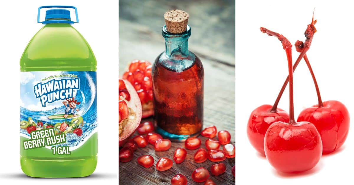 Ingredient for the drink and a cherry garnish.
