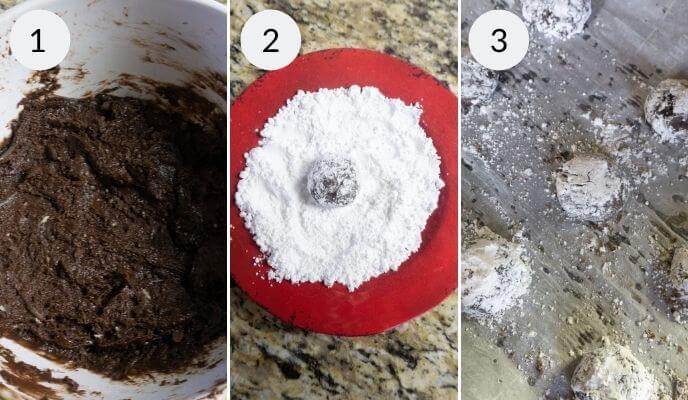 Rolling the brownie cookie dough in the sugar and baking.