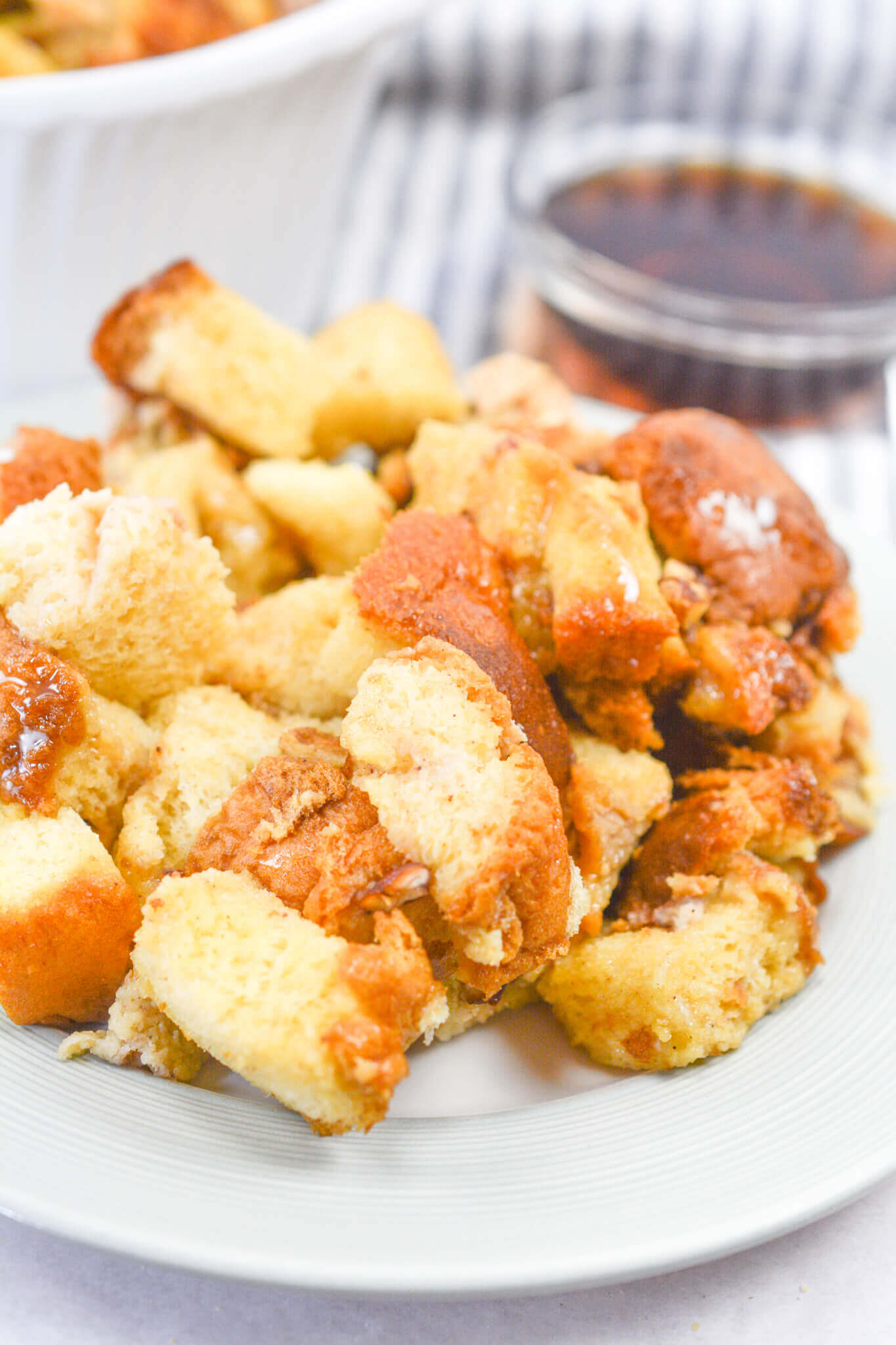 A close up on the Crock Pot French Toast Casserole with Apples.


