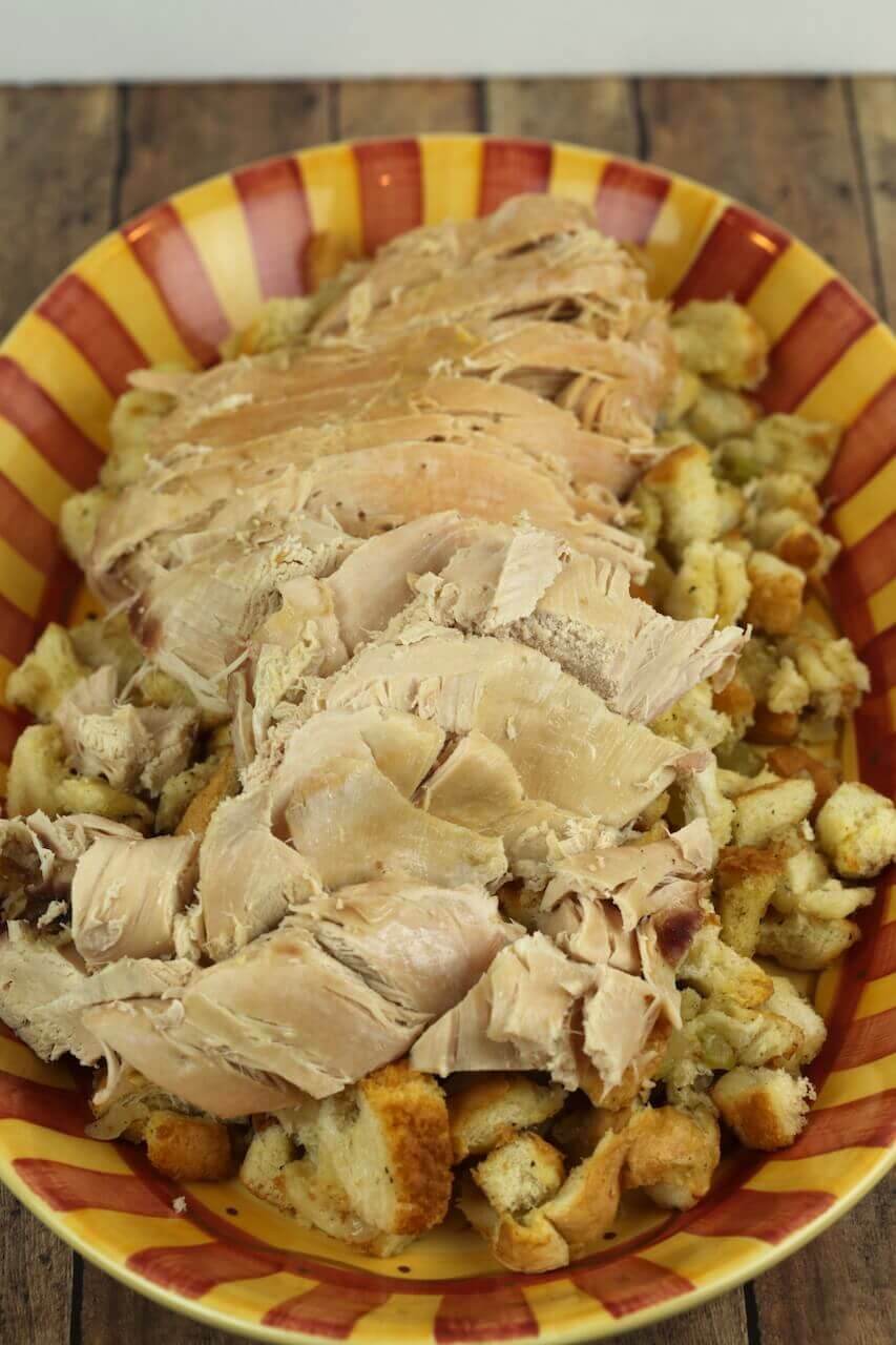 Crock Pot Turkey and Stuffing on a festive platter.