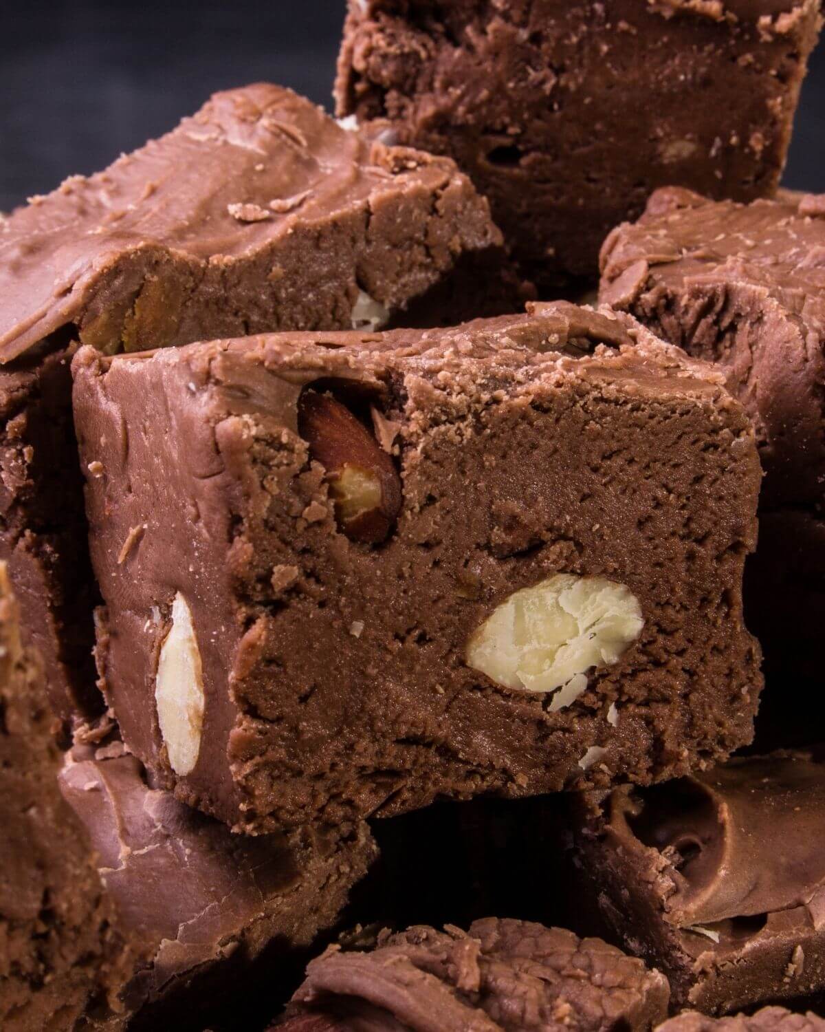 A close up on a piece of the milk chocolate fudge.