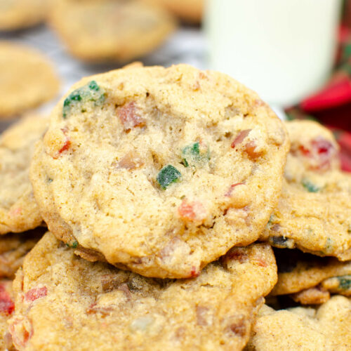 Fruitcake Cookies with a glass of milk.
