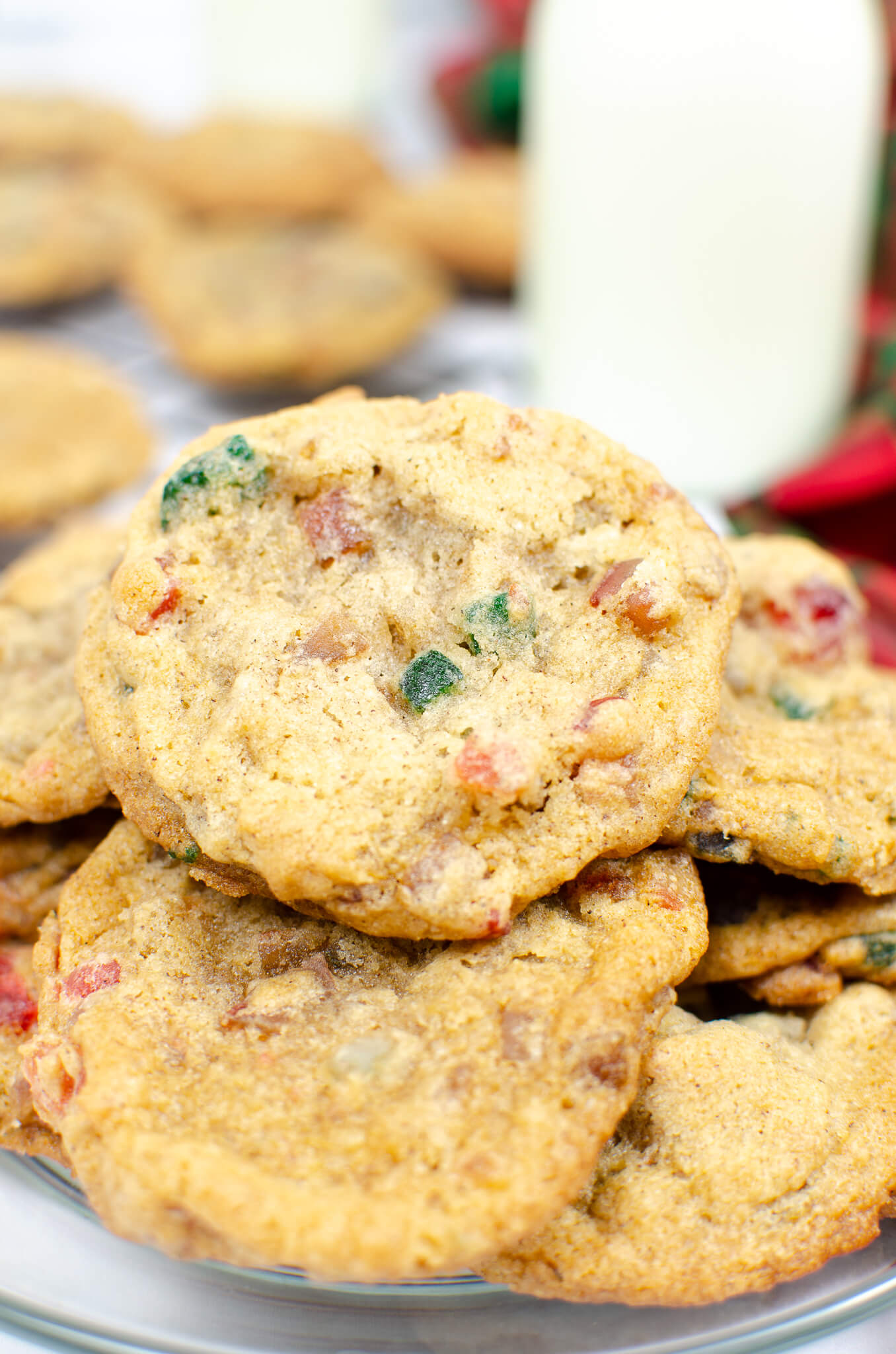 Fruitcake Cookies with a glass of milk.