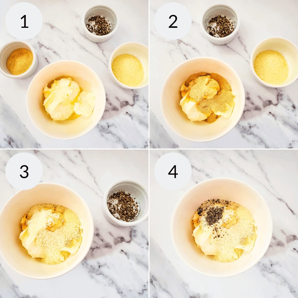 Four-step process of adding seasonings to a bowl with butter for Garlic Parmesan Chicken Wings: 1. Seasonings and butter shown; 2. One seasoning added; 3. Second seasoning added; 4. Third seasoning added.