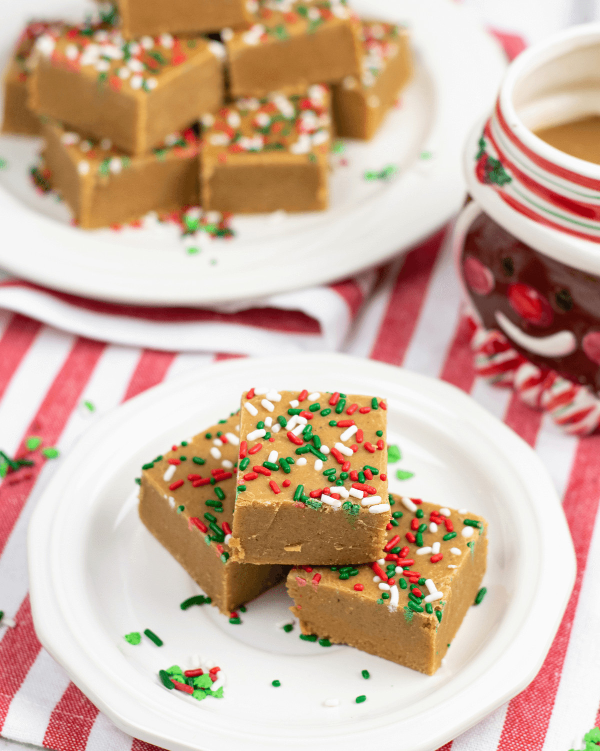 A serving and a platter of easy gingerbread fudge.