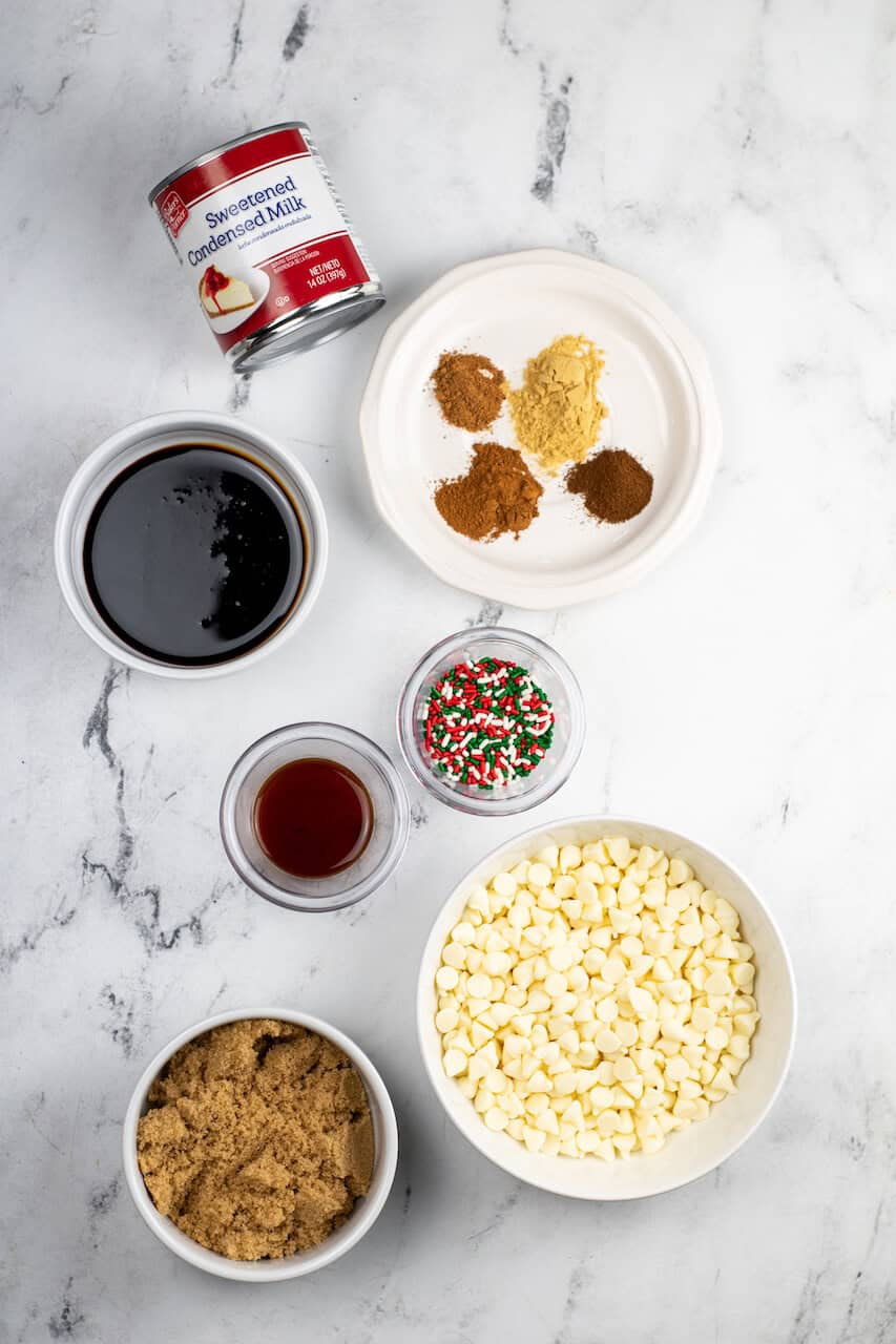 Chocolate chips, gingerbread spices, vanilla and sprinkles.