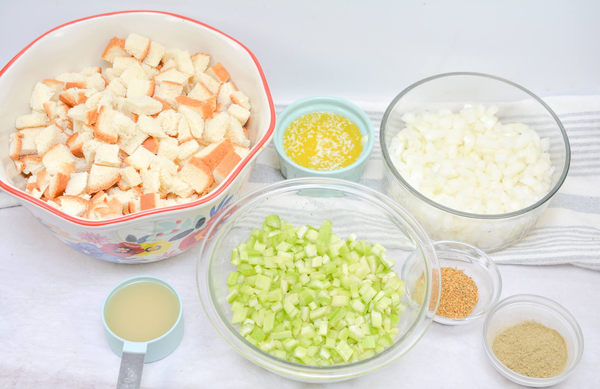 Ingredients for homemade stuffing in bowls. 