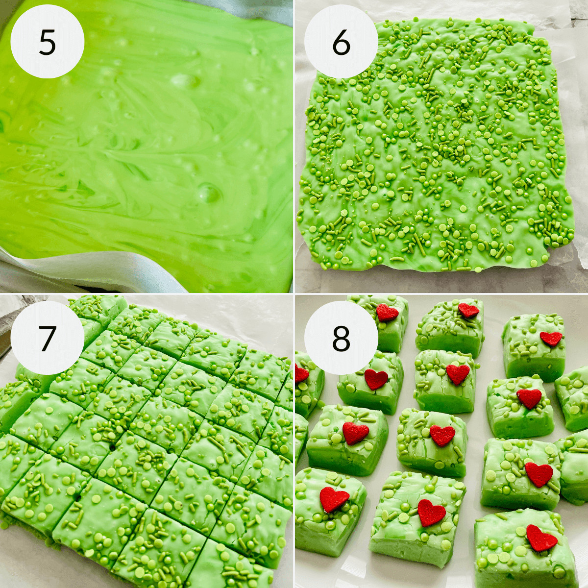 Forming and decorating the grinch fudge.