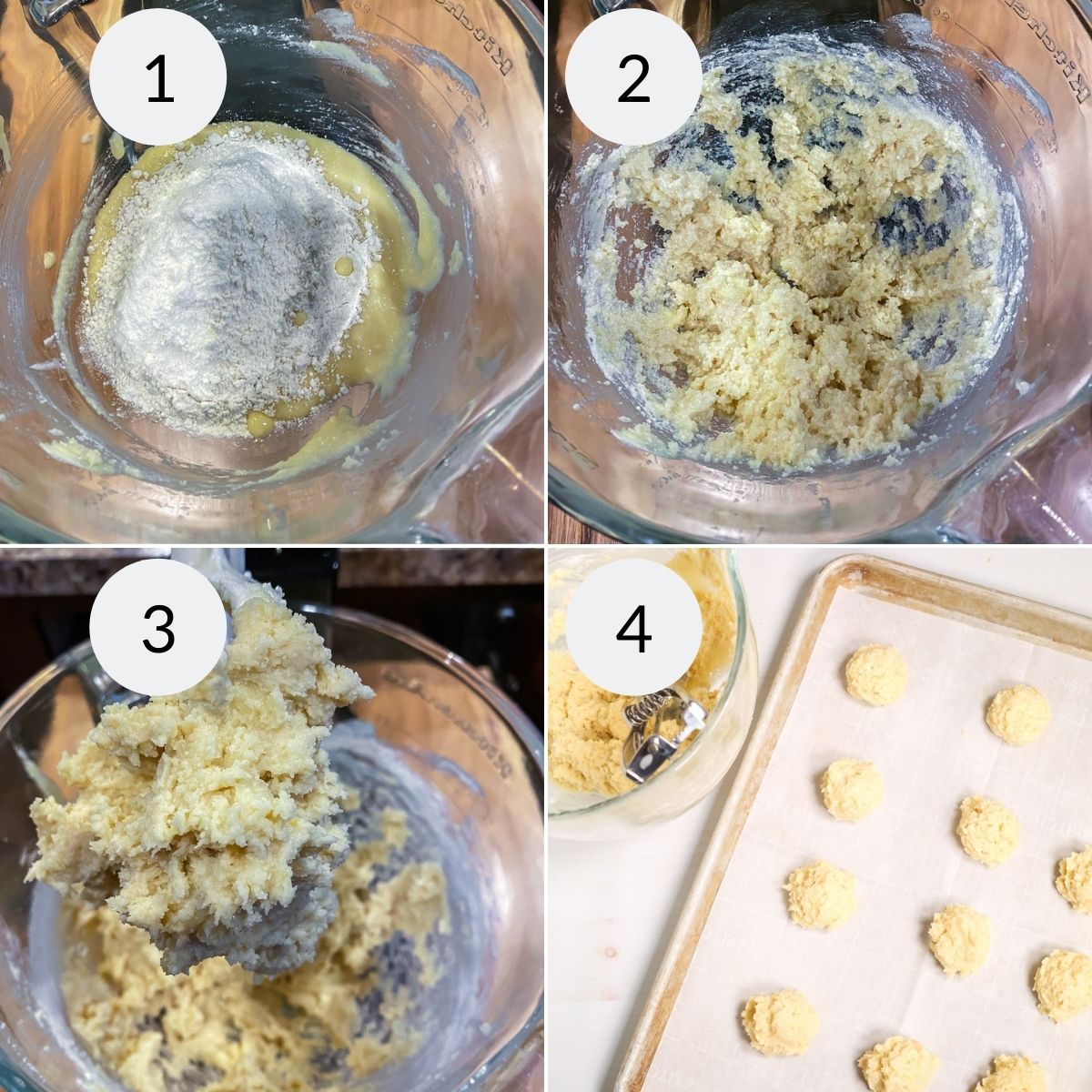 Mixing the cookie dough and placing on a baking tray.