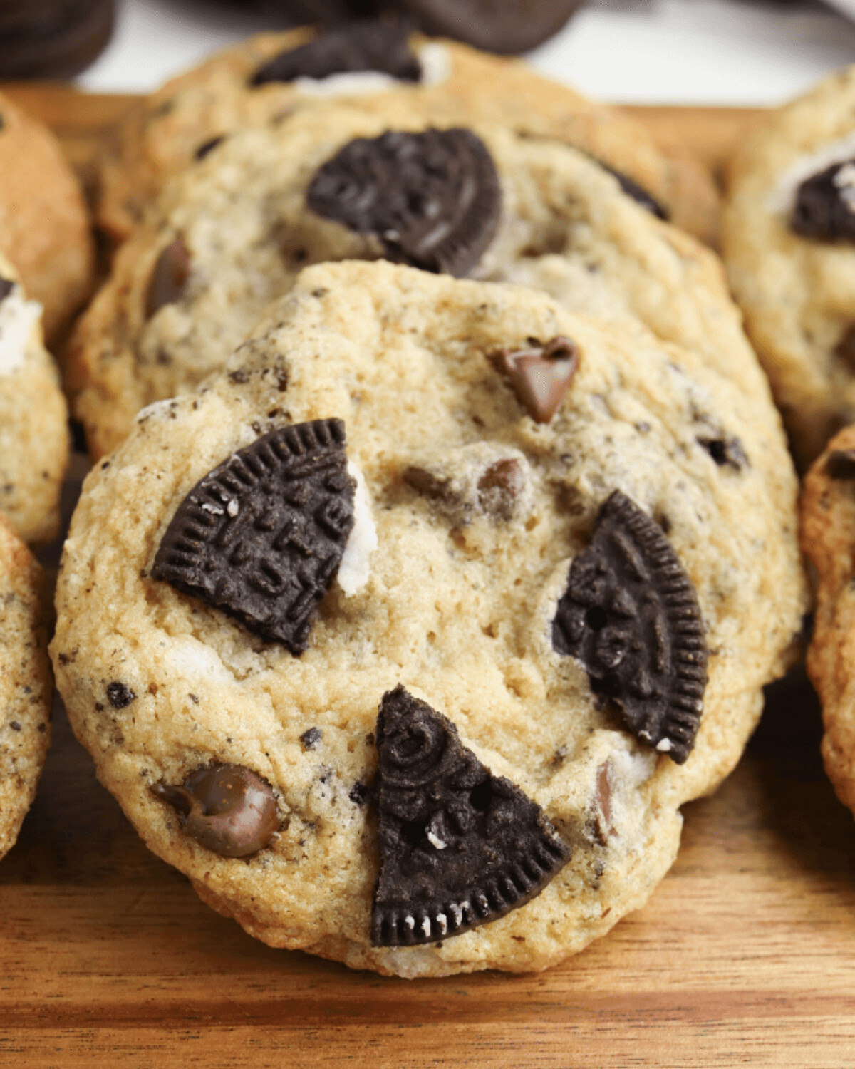 An oreo chocolate chips cookie close up.