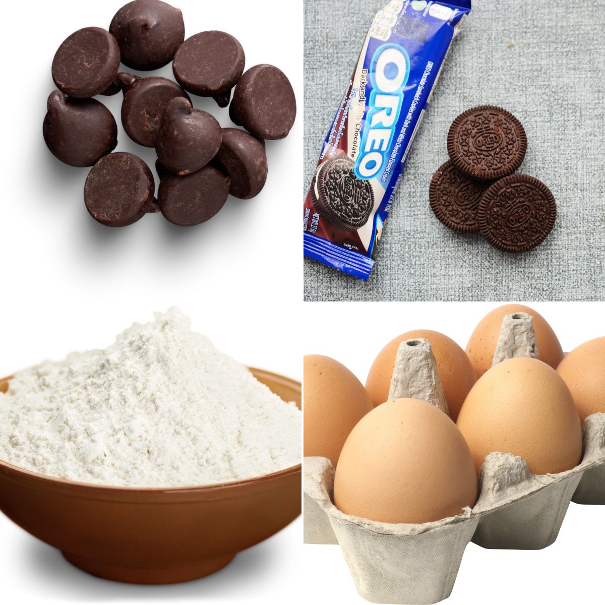 Oreo cookies, chocolate chips, flour and eggs.
