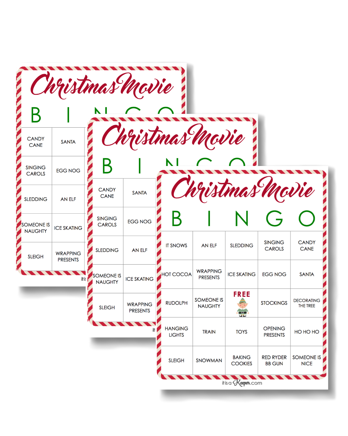 Three Christmas Bingo Printable Cards on top of each other. 