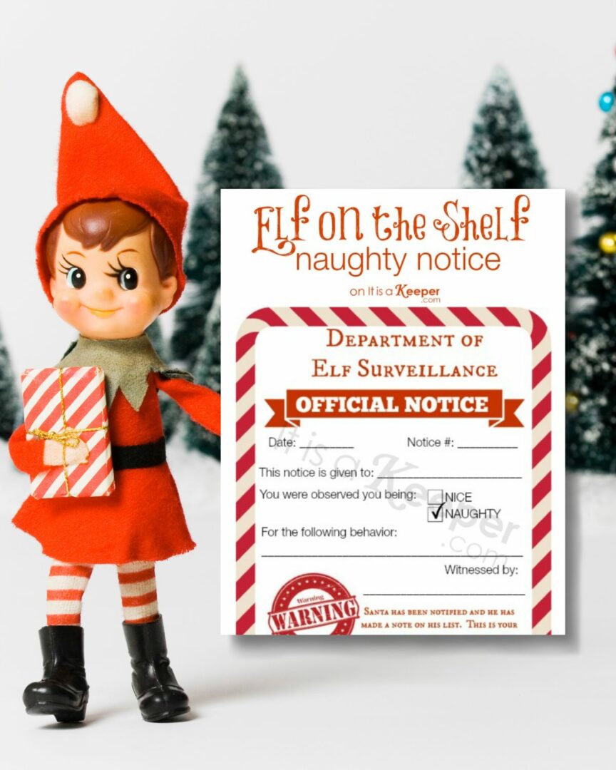 Elf on the Shelf Printable Notices on a winter background with an elf.