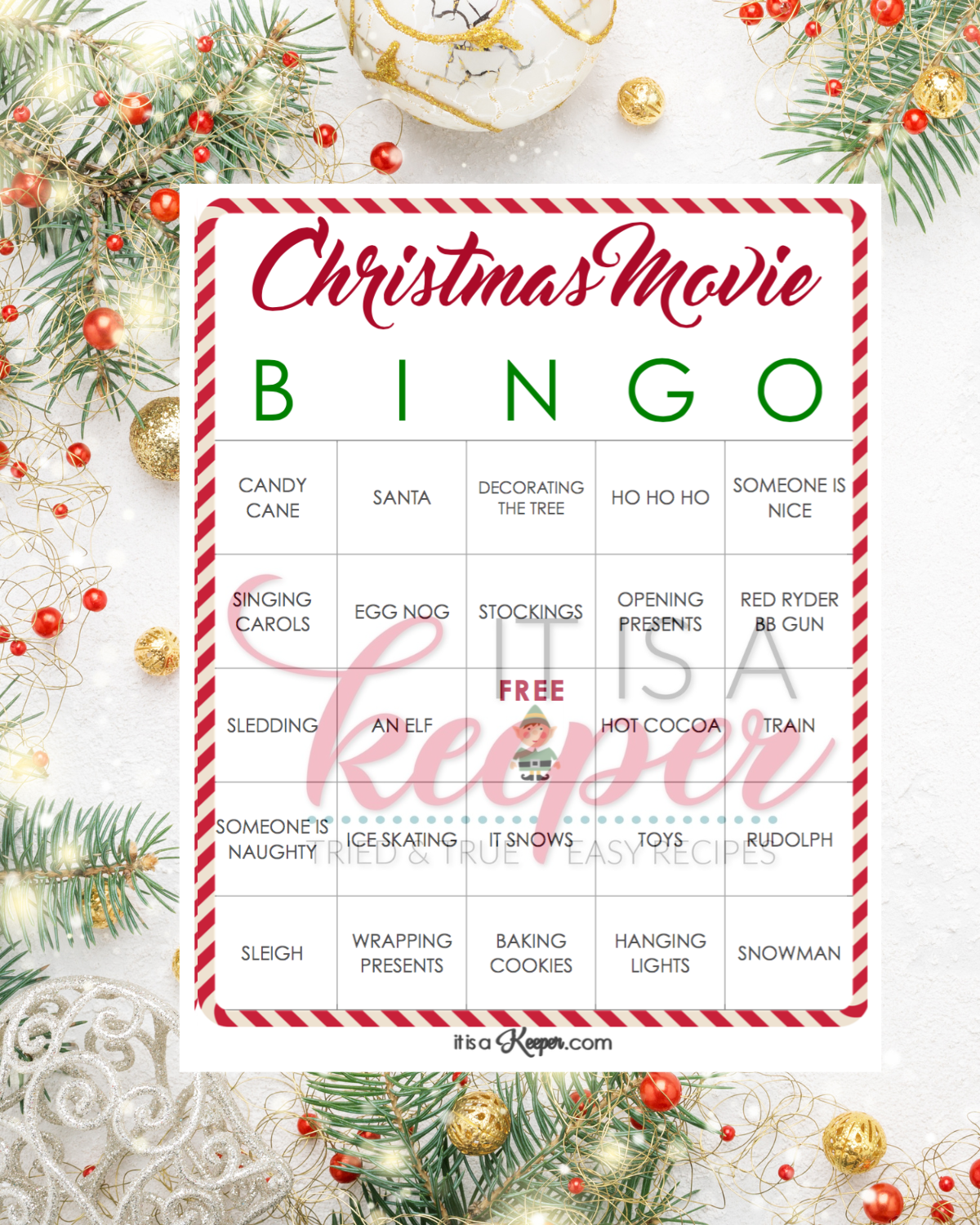 Christmas Movie Bingo Printable on a christmas background.

