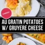 A delectable top view of creamy au gratin potatoes with Gruyere cheese on a pristine white plate, accompanied by a fork. Nearby, cubes of the rich cheese await, while another dish brimming with cheesy perfection peeks into view.