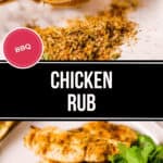 A close-up of a spice blend in a scoop, labeled "BBQ" on top, with cooked chicken seasoned with the Chicken Rub for Smoking and garnished with fresh cilantro at the bottom. Text reads "CHICKEN RUB" in the center.