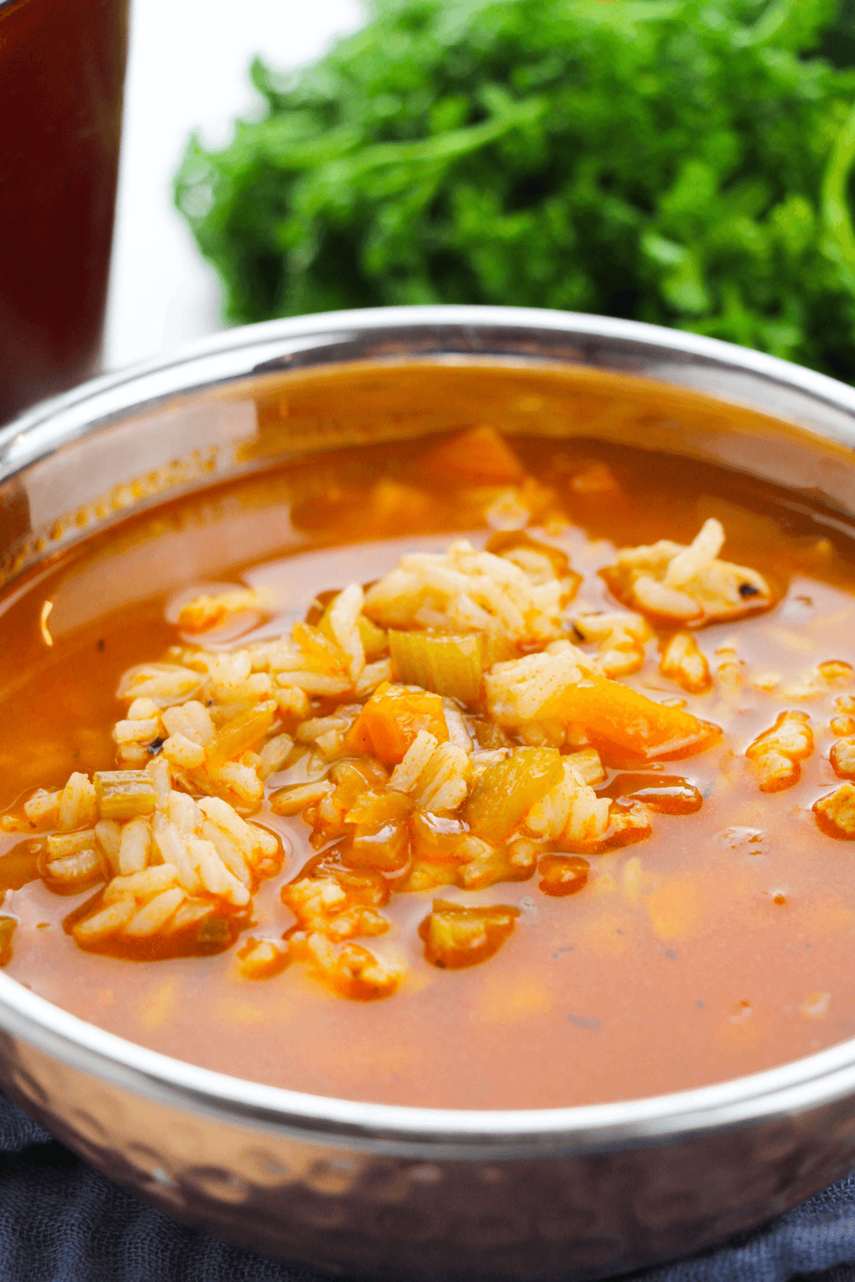 A close-up of a bowl of vegetable and Cajun chicken rice soup with a tomato-based broth, garnished with fresh parsley in the background.