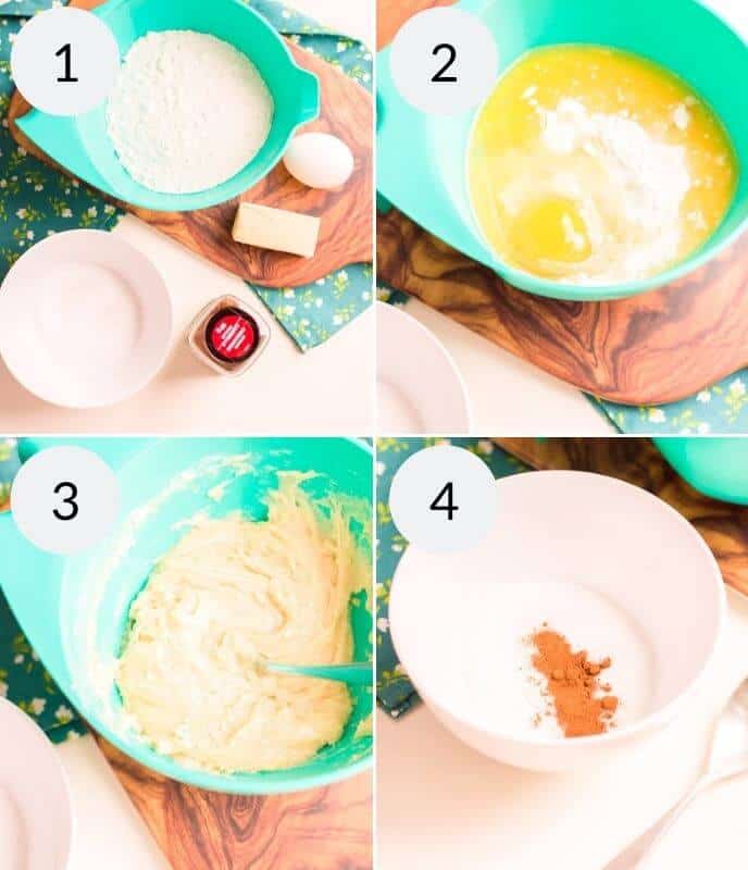 Four images illustrating how to mix cake batter for snickerdoodle delight: 1) Flour and an egg in a bowl, 2) Wet ingredients poured in, 3) Mixture stirred to perfection, 4) Sugar and cinnamon blend ready to infuse that classic snickerdoodle flavor.