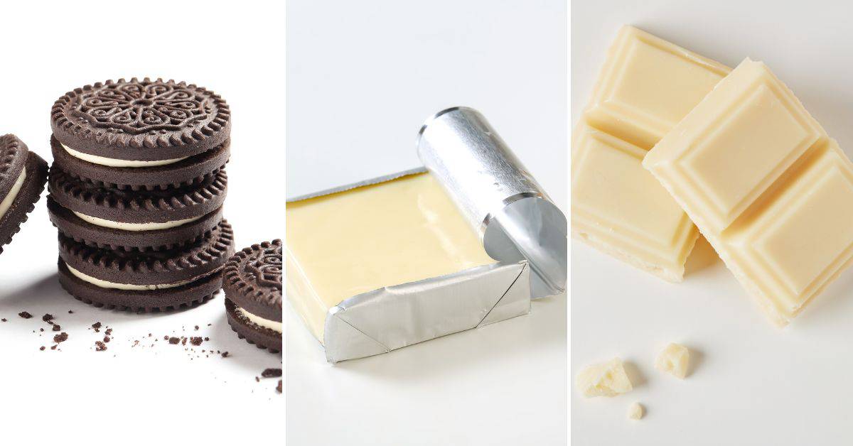 Oreo cookies, chocolate and cream cheese.