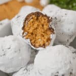Fun Chex peanut butter truffles in a white bowl.