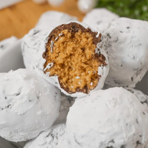 Fun Chex peanut butter truffles in a white bowl.