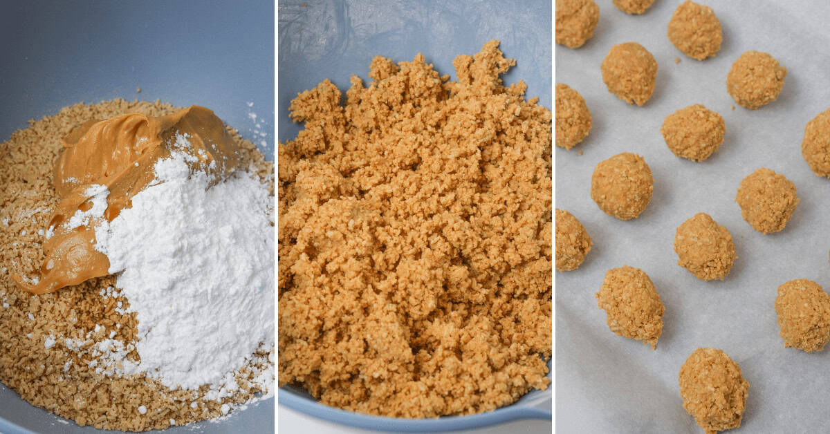 Three-step cookie preparation: Left image shows ingredients for Peanut Butter Truffles, including peanut butter, powdered sugar, and crushed crumbs. Middle image displays the mixed dough. Right image showcases dough formed into balls on a baking sheet.