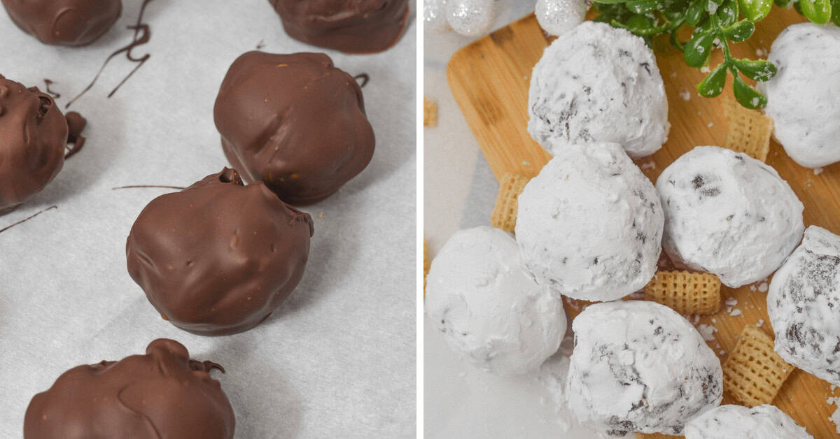 Two types of truffles are on display: chocolate-covered peanut butter truffles on the left and powdered sugar-covered ones on the right, placed on a wooden board with wafer pieces.