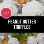Close-up of Peanut Butter Truffles coated in white chocolate, with one truffle bitten to reveal the creamy peanut butter filling. A decorative label reads "Chex Peanut Butter Truffles," celebrating their irresistible allure.