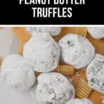 A selection of peanut butter truffles rests on a wooden board, elegantly dusted with powdered sugar, while Chex cereal is artfully scattered around.