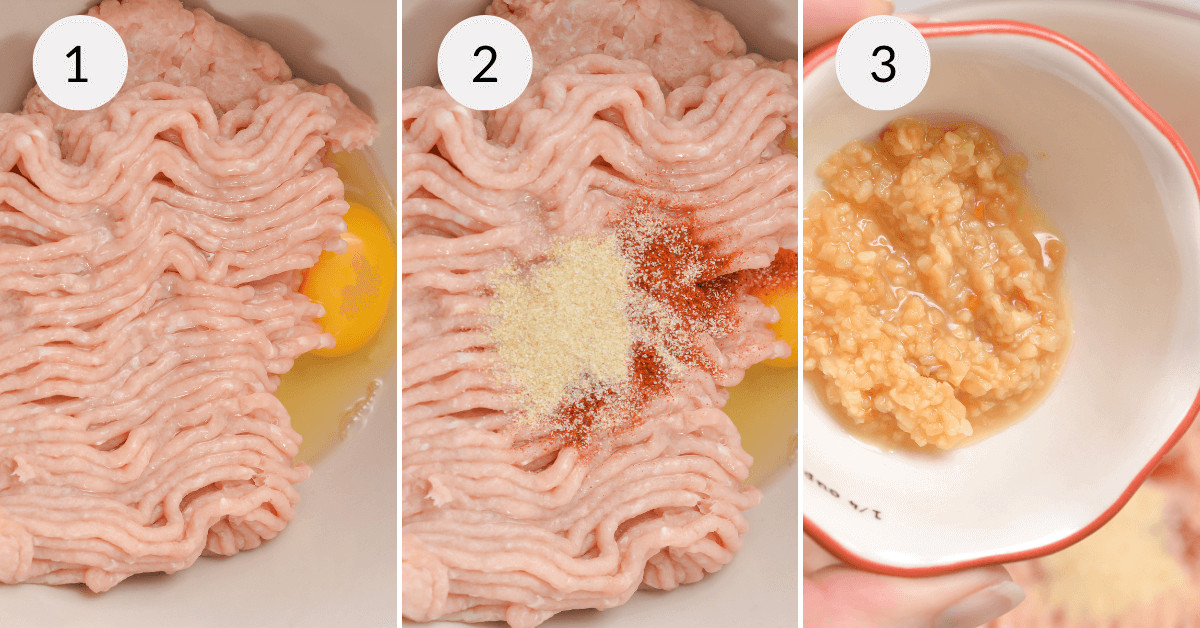 Four pictures illustrating the steps to prepare the meat mixture.