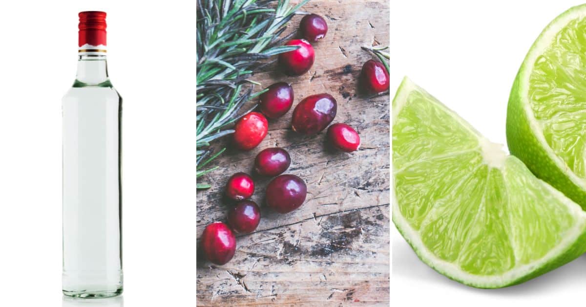A bottle of clear alcohol, cranberries with rosemary on a wooden surface, and lime wedges on a white background—perfect ingredients for crafting a festive Christmas Moscow Mule.