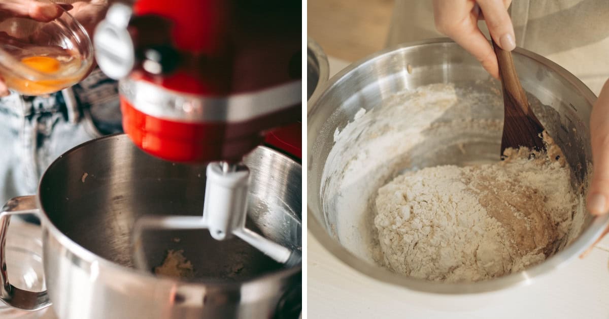 Left image: Mixer blending ingredients for Welsh cookies in a bowl. Right image: Wooden spoon stirring flour mixture for these traditional treats in a stainless steel bowl.