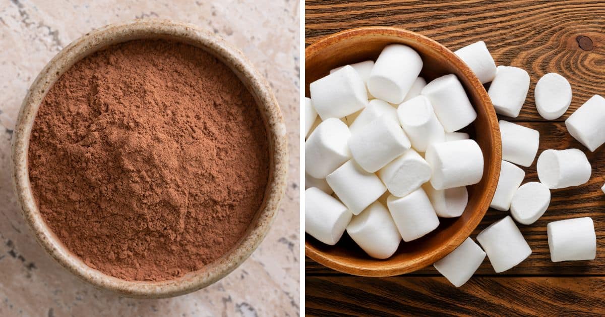 A bowl of cocoa powder on the left and a scattering of marshmallows on the right evoke the essence of cocoa cookies waiting to be crafted.
