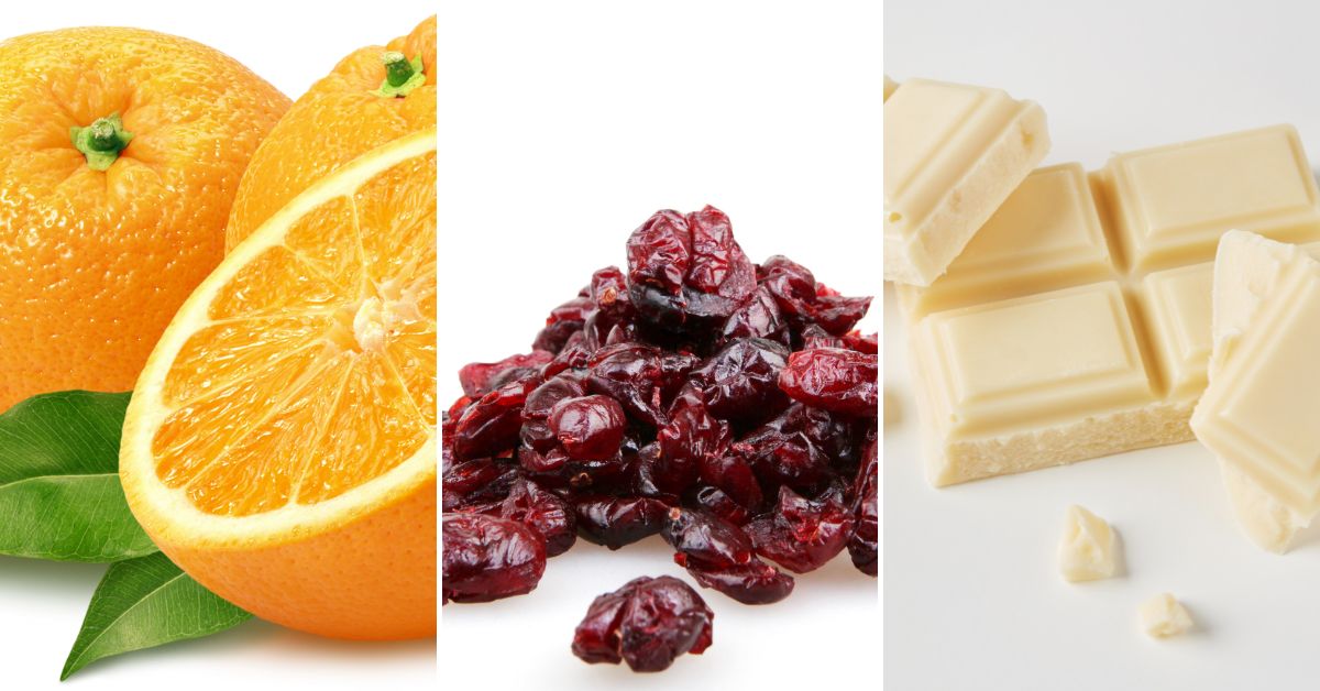 Ingredients of orange, cranberries and white chocolate.