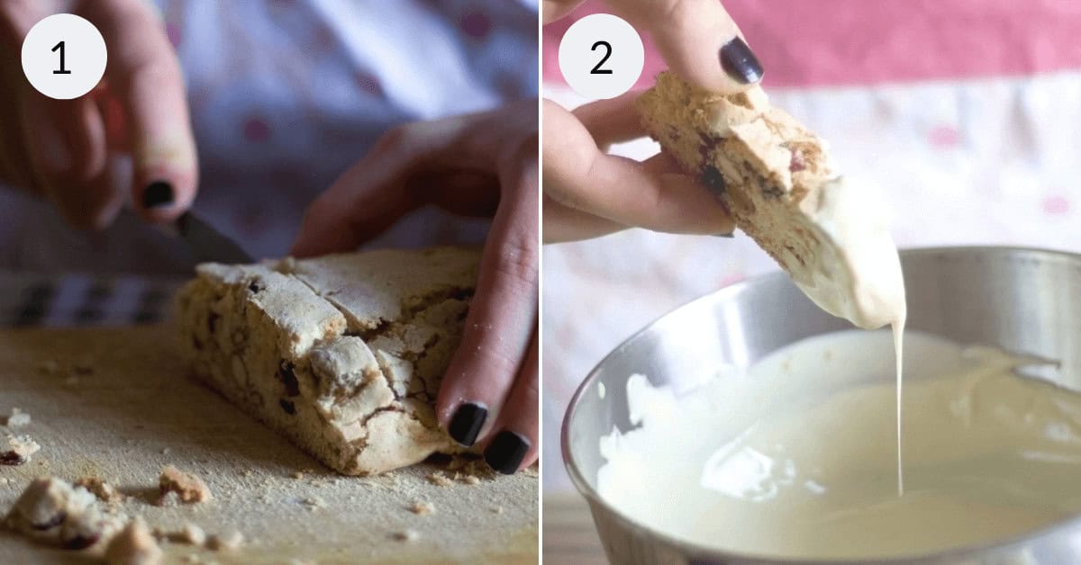 Making the cranberry orange biscotti and dipping in the chocolate.